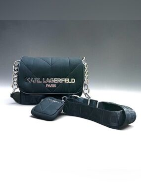 Karl Lagerfeld Paris Voyage quilted nylon messenger bag and airpod case.